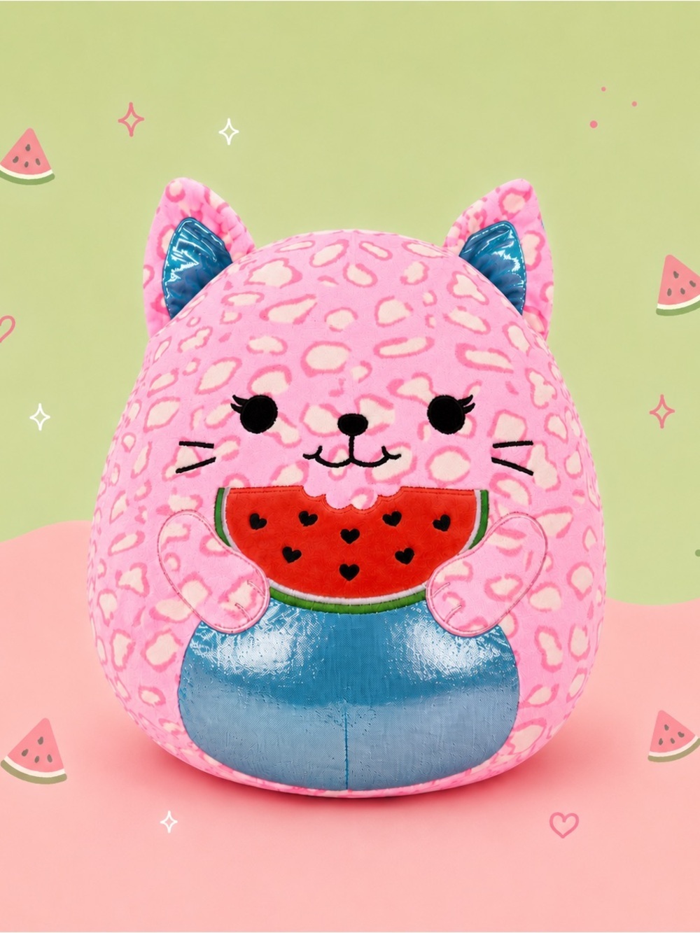 🧸 2/$58 SQUISHMALLOW Cute Pink Leopard Kitty Cat Eating Watermelon Plush 16”